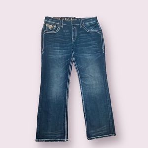 EUC Rock Revival Vaiko Boot Jeans Mens 38x30 Blue Cotton Spandex Flap Pockets